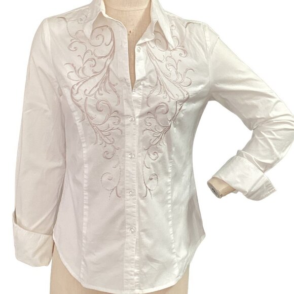 CAbi Western Embroidered Button-Front Shirt Style 365 Sz M White & Beige 44R - Picture 1 of 8